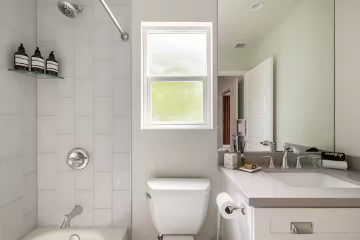 Stylish & Perfect for Families walk-in shower at a direct-booking vacation rental in Phoenix, Arizona