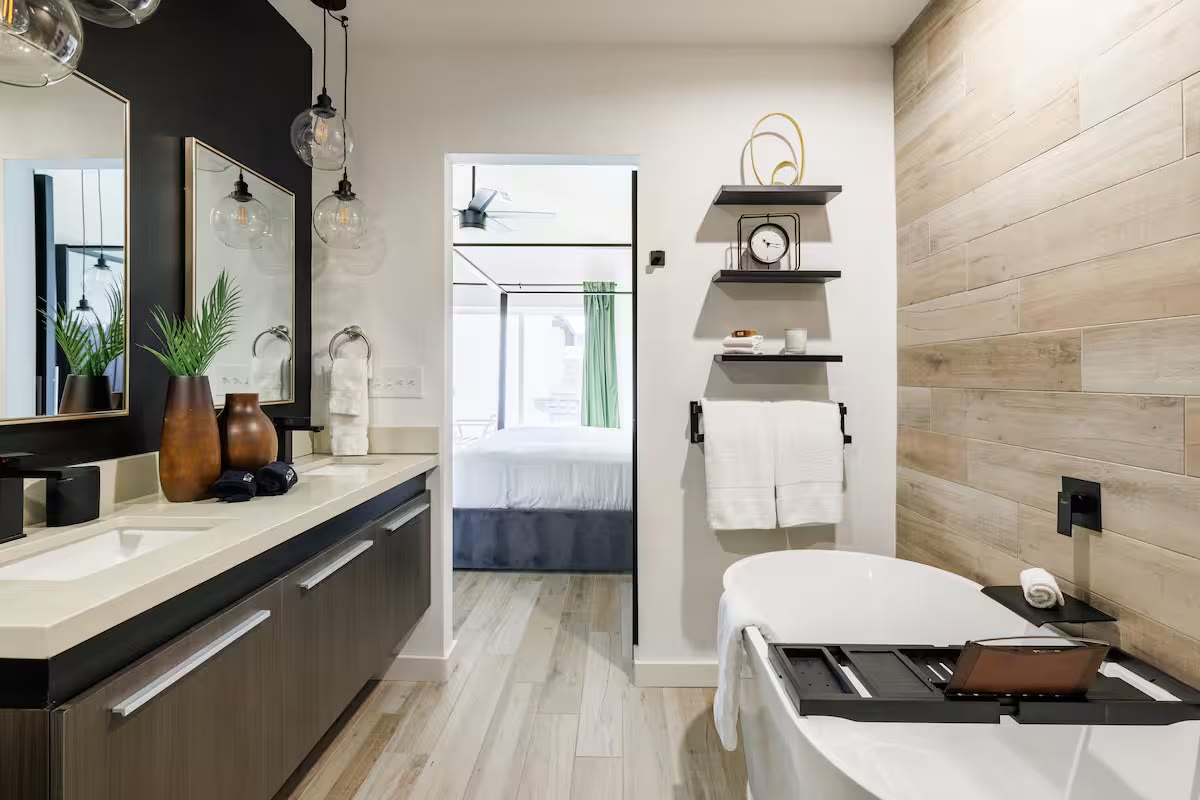 Modern All-En-Suite Home bathroom shower at a direct-booking vacation rental in Phoenix, Arizona