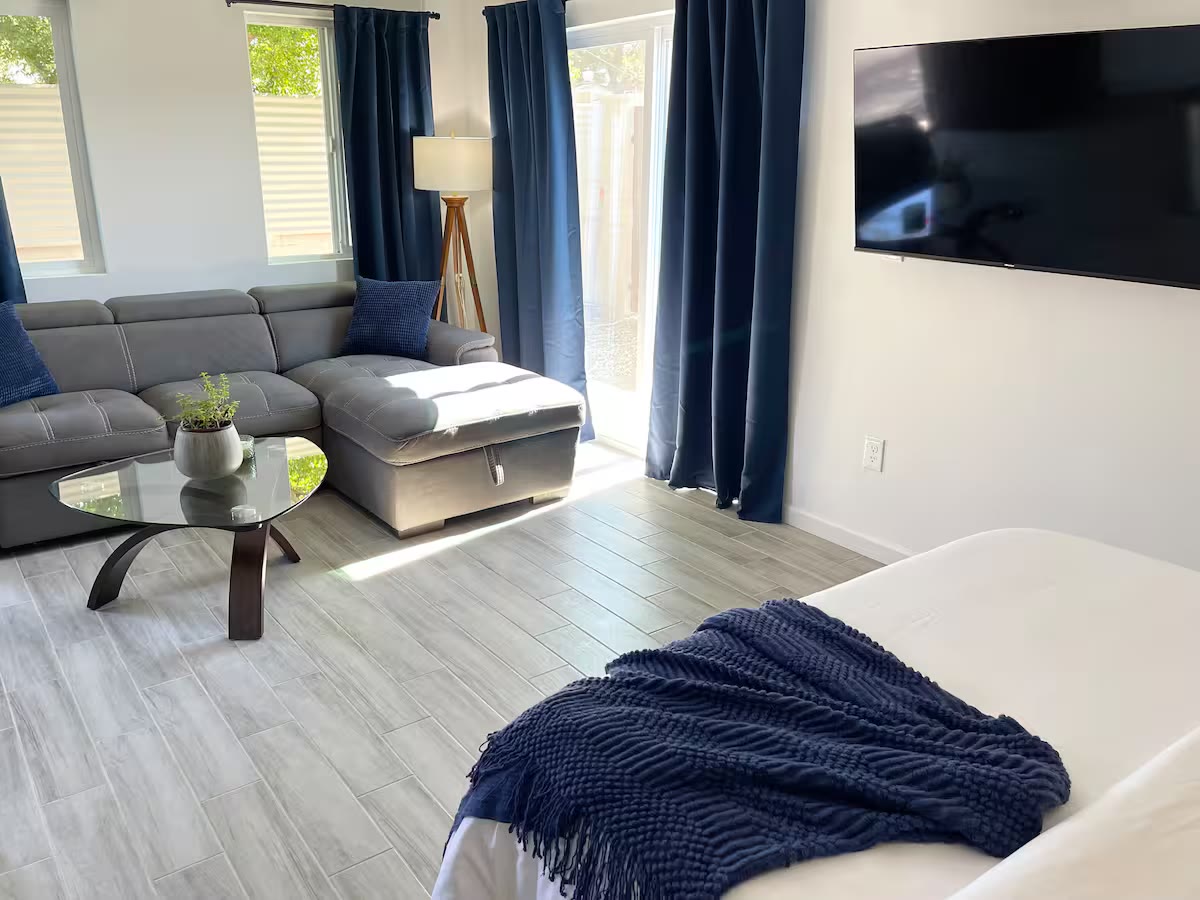 Detached Studio Guesthouse studio sofa at a direct-booking vacation rental in Phoenix, Arizona