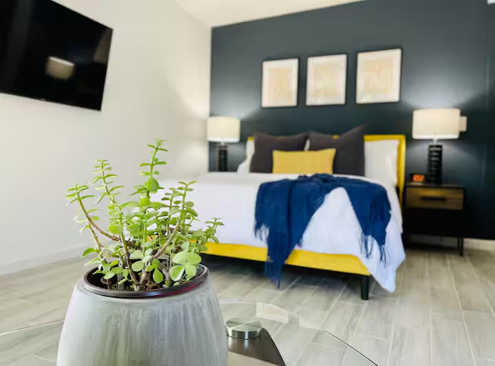 Detached Studio Guesthouse queen bed at a direct-booking vacation rental in Phoenix, Arizona