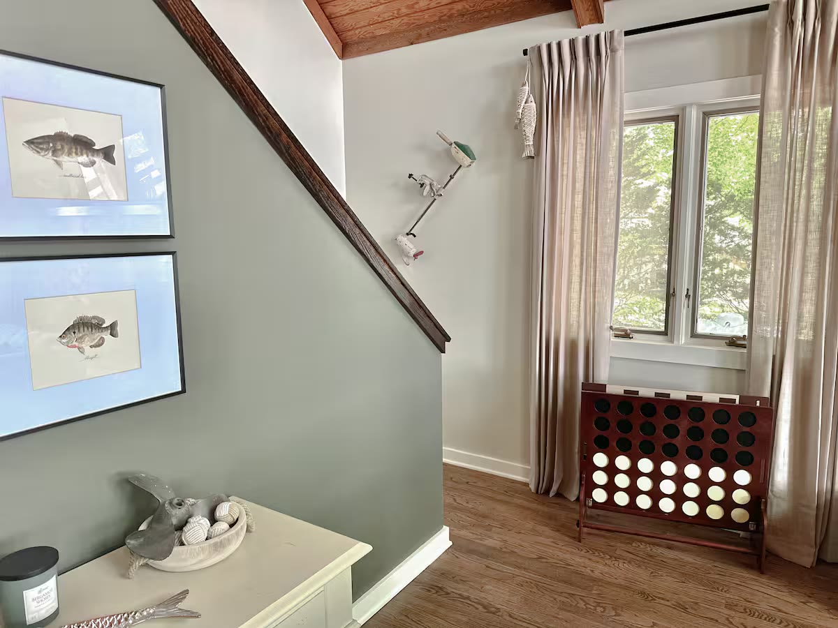 The Angler's Canoe Lake House linen storage at a direct-booking vacation rental in Cedar Bluff, Alabama