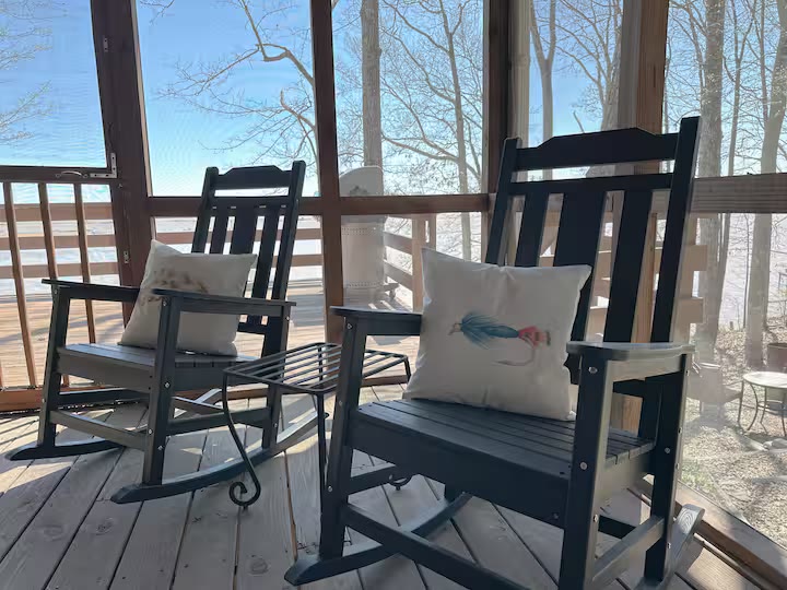The Angler's Canoe Lake House lakefront sunset view at a direct-booking vacation rental in Cedar Bluff, Alabama