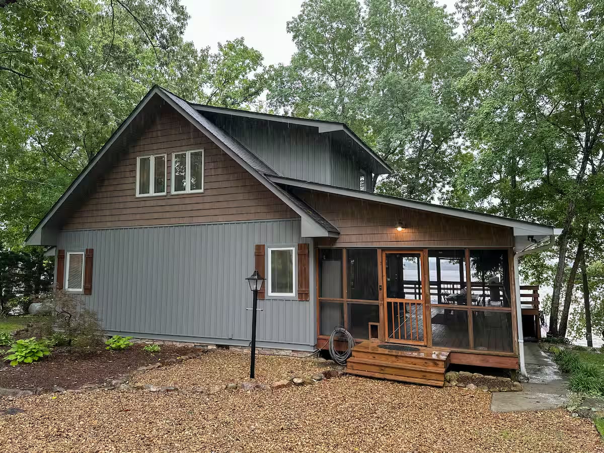 The Angler's Canoe Lake House lake house front exterior at a direct-booking vacation rental in Cedar Bluff, Alabama